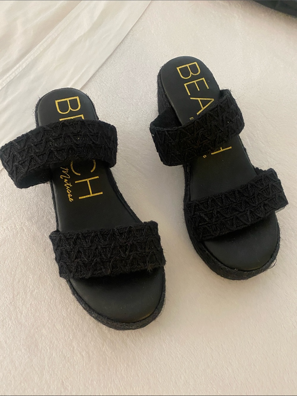 BEACH by Mousse Black Woven Double-Strap Slide Sandals